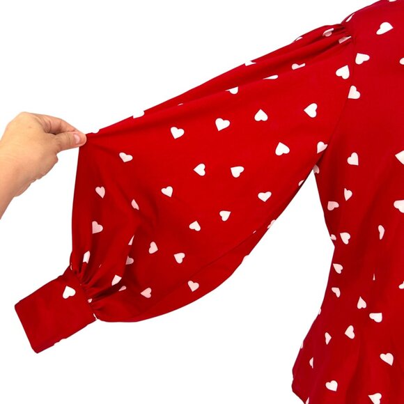 Unique Vintage Gwen Red White Heart Print Blouse Puff Sleeve Size Large - Picture 6 of 12